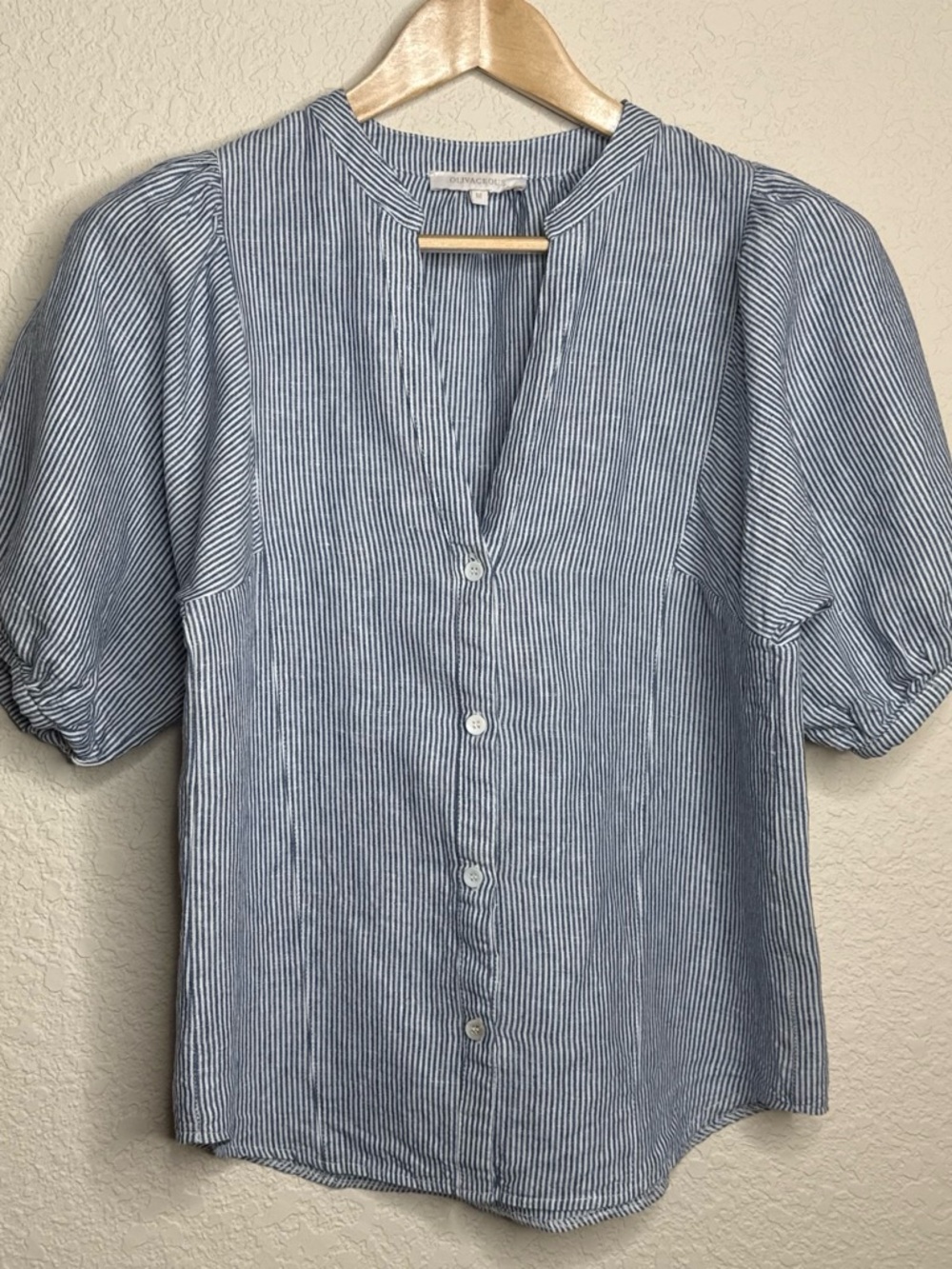 Olivaceous 100% Linen Striped Button-Front Blouse | Puff Sleeve | Size M